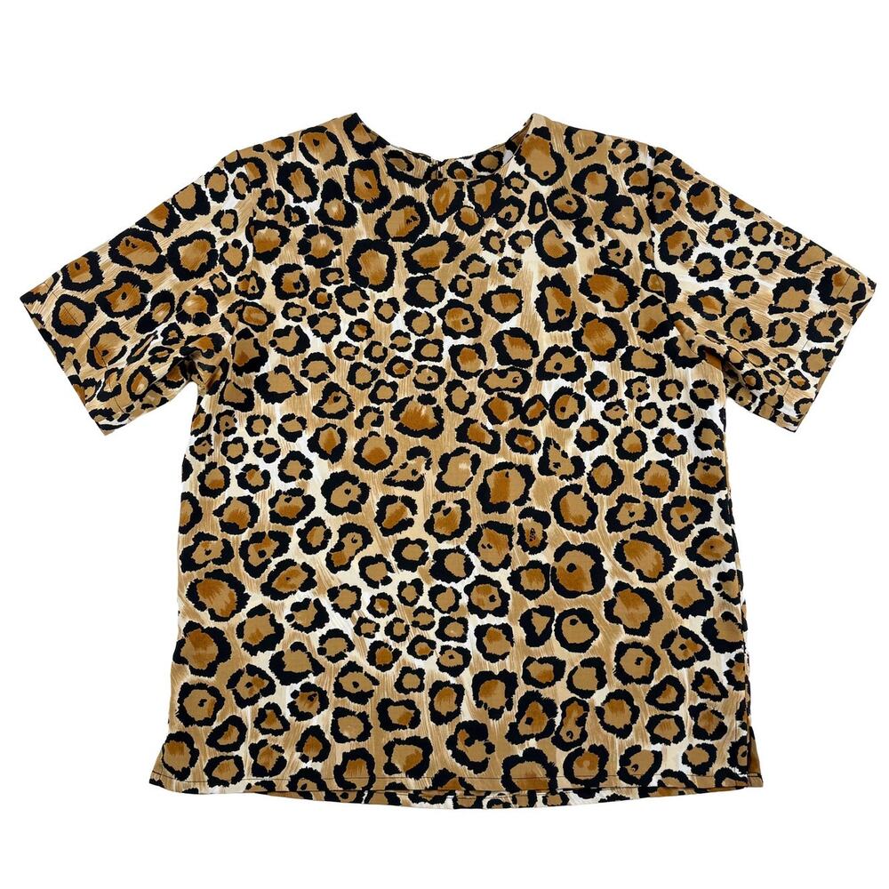 VTG 80s 90s Leopard Print Boxy Top Sz S Blouse Retro Short Sleeve Shoulder Pads